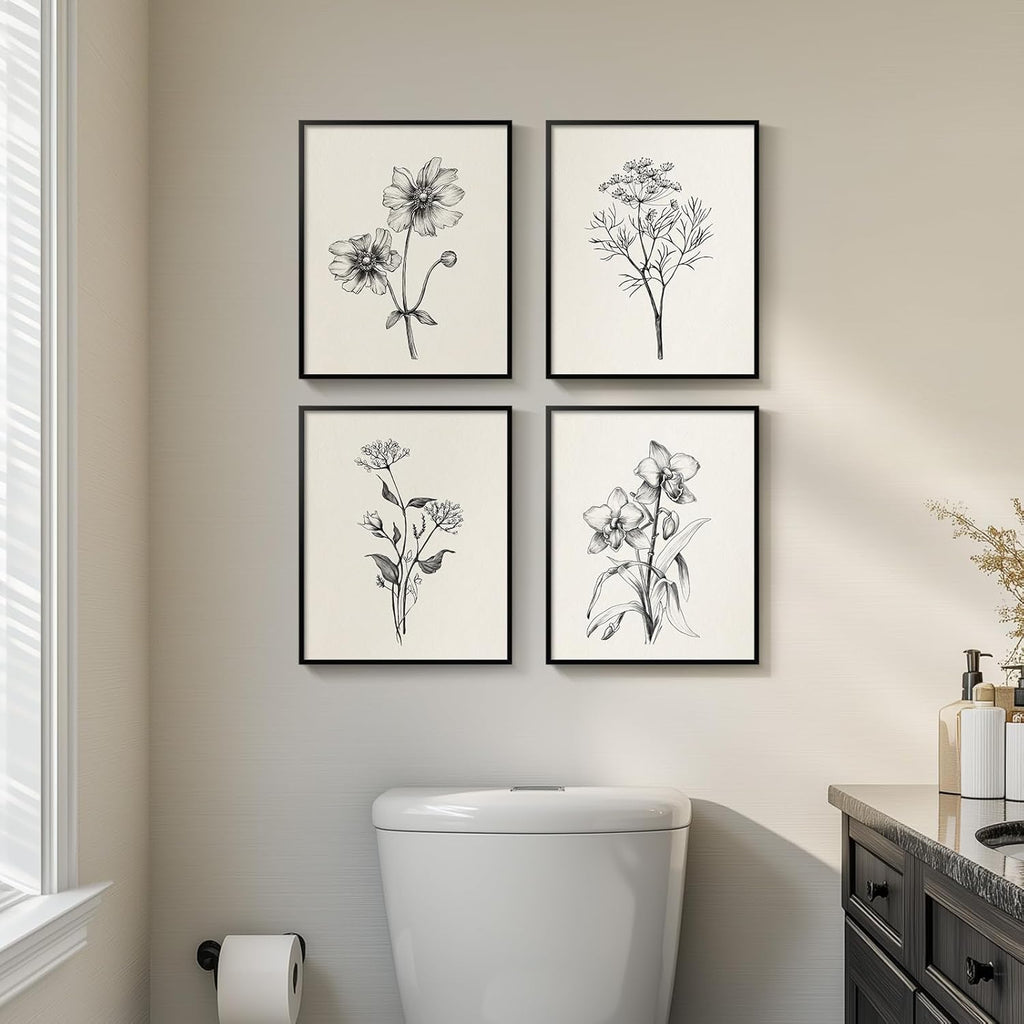 Framed Vintage Botanical Wall Art Bedroom, 4 Piece Rustic Farmhouse Floral Canvas Prints Artwork, Neutral Flower Butterfly Pictures for Modern Farmhouse Living Room Kitchen Bathroom Wall Decor, 11x14