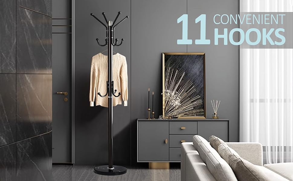 Modern Coat Rack Freestanding with Natural Marble Base & Sturdy Metal Frame, 11 Hooks Hall Tree for Jackets, Hats, Bags, Entryway Organizer for Bedroom, Living Room, Closet (11 hooks-Black)