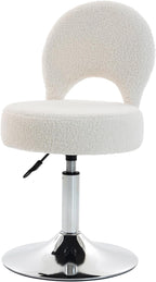 Small Vanity Chair, 360 Swivel Vanity Stool with Folding Back for Teenager, Comfy Teddy Ottoman Stool for Bedroom, Dressing Room, Teddy Fabric, White