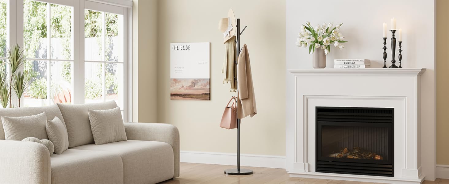 Coat Rack Freestanding with Natural Marble Base, Metal Coat Rack Stand with 10 Hooks, 3 Adjustable Size Coat Tree for Bags, Clothes, and Hats for Entryway, Bedroom, Hallway, Office, Black