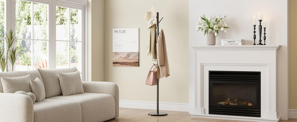Coat Rack Freestanding with Natural Marble Base, Metal Coat Rack Stand with 10 Hooks, 3 Adjustable Size Coat Tree for Bags, Clothes, and Hats for Entryway, Bedroom, Hallway, Office, Black