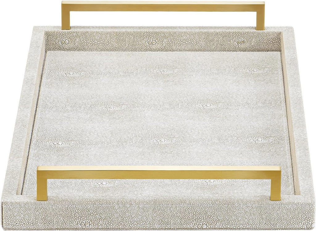 Ivory Shagreen Decorative Tray Large Rectangle Coffee Table Tray for Ottoman Faux Leather Serving Tray with Brushed Gold Handles