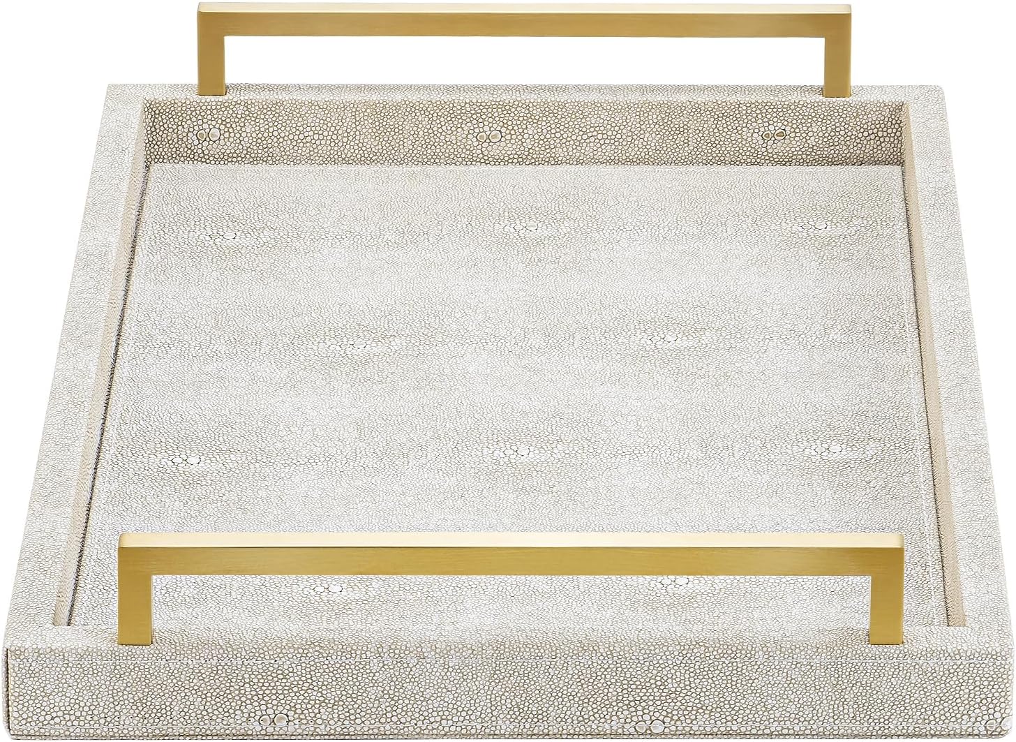Ivory Shagreen Decorative Tray Large Rectangle Coffee Table Tray for Ottoman Faux Leather Serving Tray with Brushed Gold Handles