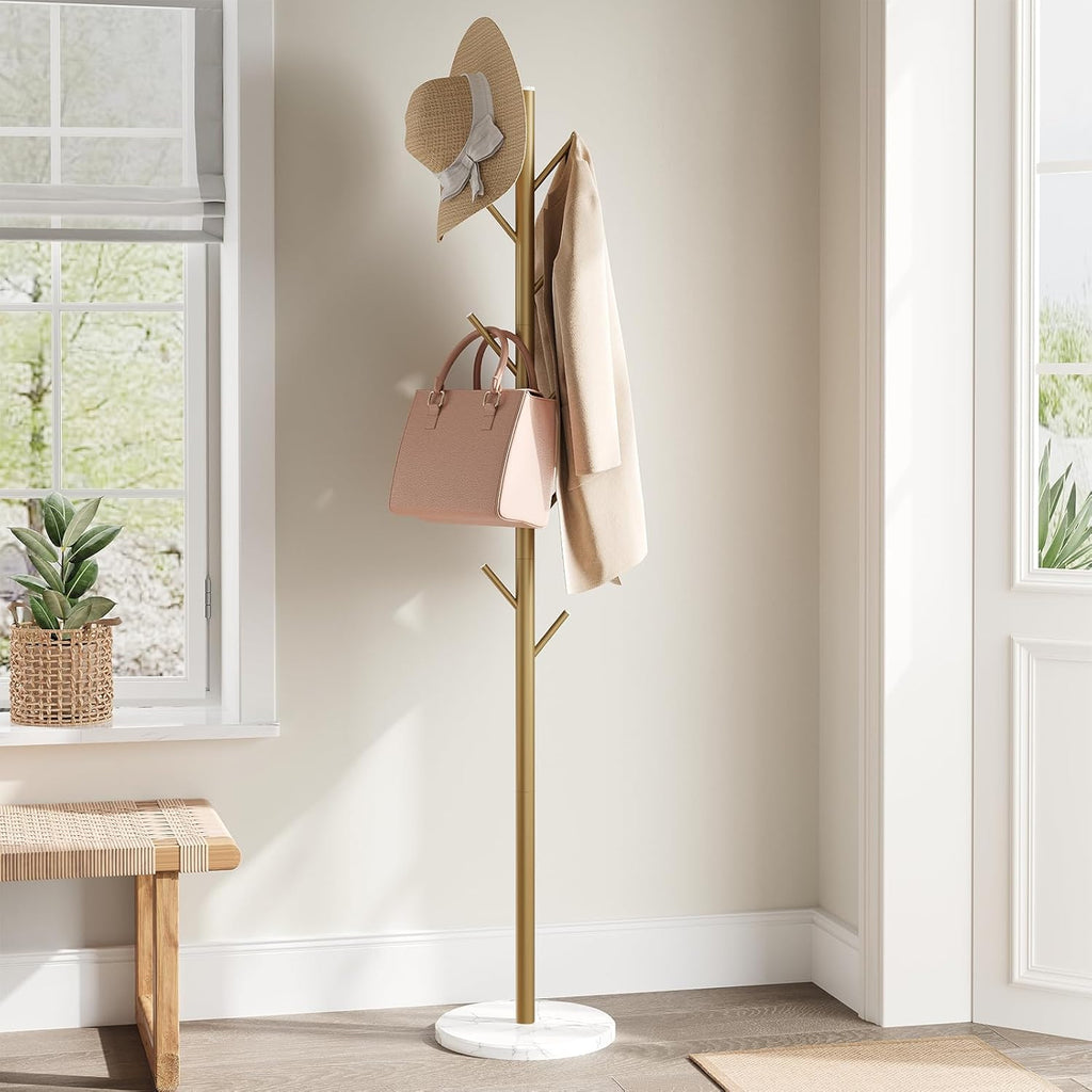 Coat Rack Freestanding with Natural Marble Base, Metal Coat Rack Stand with 10 Hooks, 3 Adjustable Size Coat Tree for Bags, Clothes, and Hats for Entryway, Bedroom, Hallway, Office, Black
