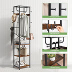 Coat Rack Freestanding, Hall Tree with 3 Storage Shelves and 12 Hooks, Industrial Clothes Rack Stand Organizer for Bedroom, Hallway, Entryway, Office, Living Room, Rustic Brown