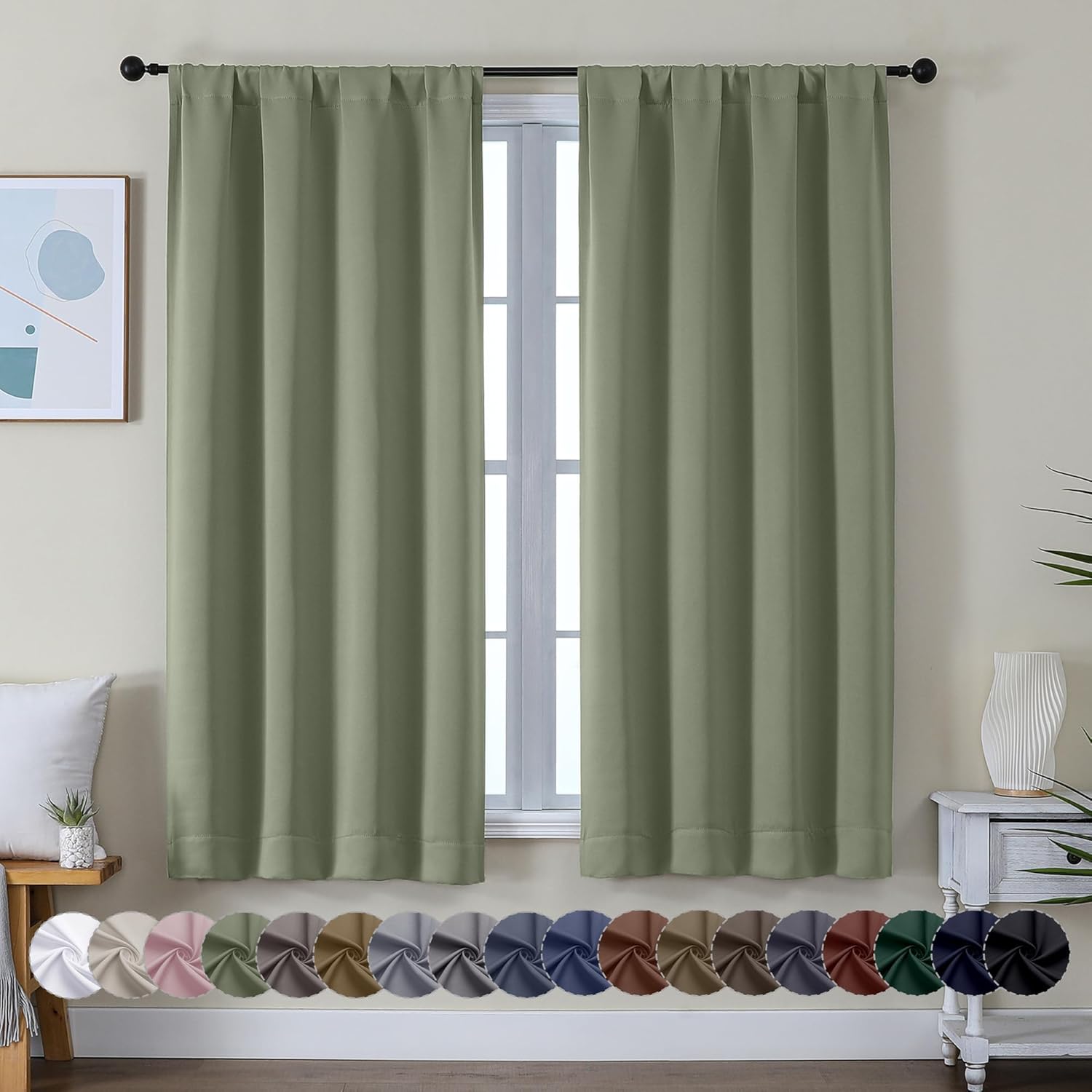 Sage Green Bedroom Blackout Curtains, 63inch (approx. 160.2cm) pieces set, solid insulated energy-saving rod pocket blackout curtains, width 40 x length 63inch (approx. 101.6cm), gray-green