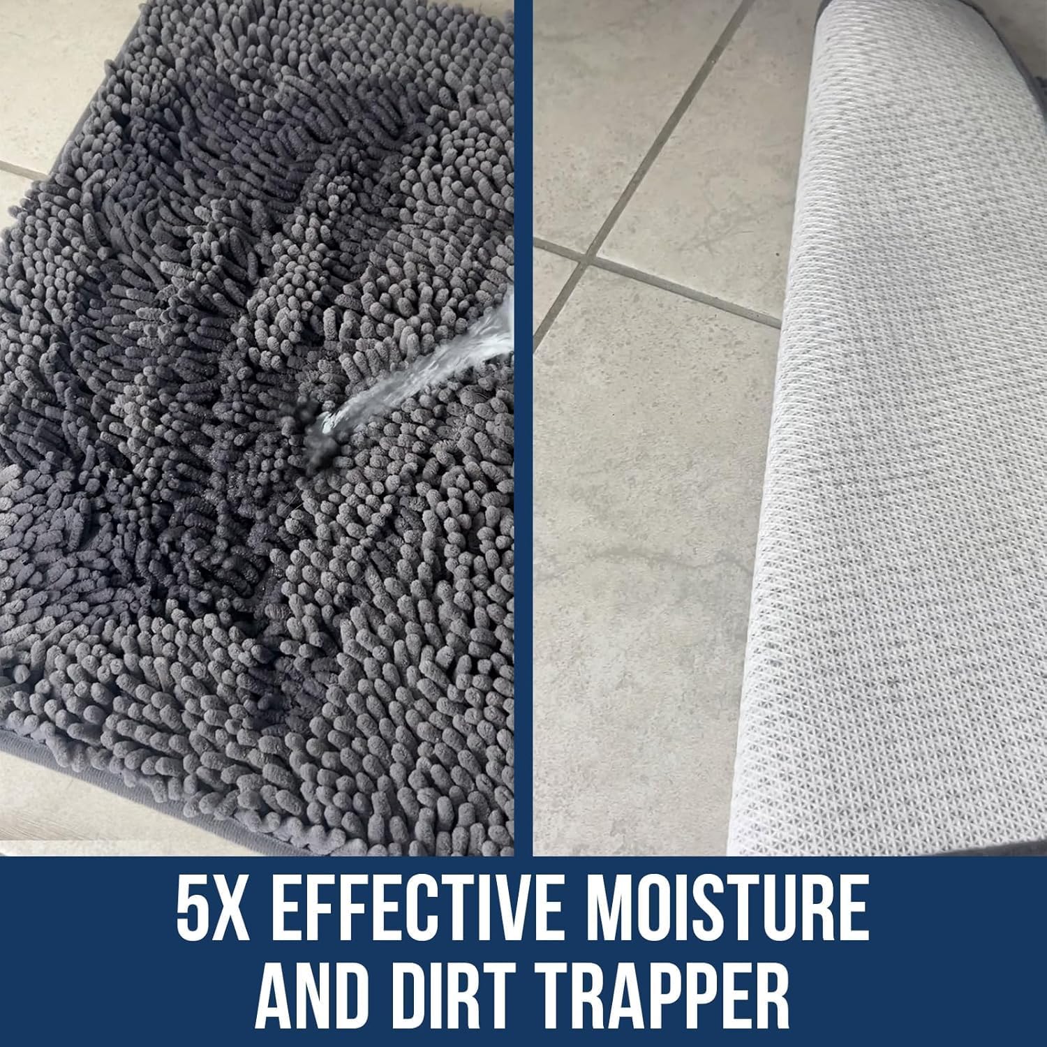 Chenille Bathroom Rugs Quick Dry Microfiber Mats Non Slip Washable, Extra Thick, Soft and Highly Absorbent Bath Mats for Bathroom, Kitchen, and Shower Floor - Grey 36"x60"
