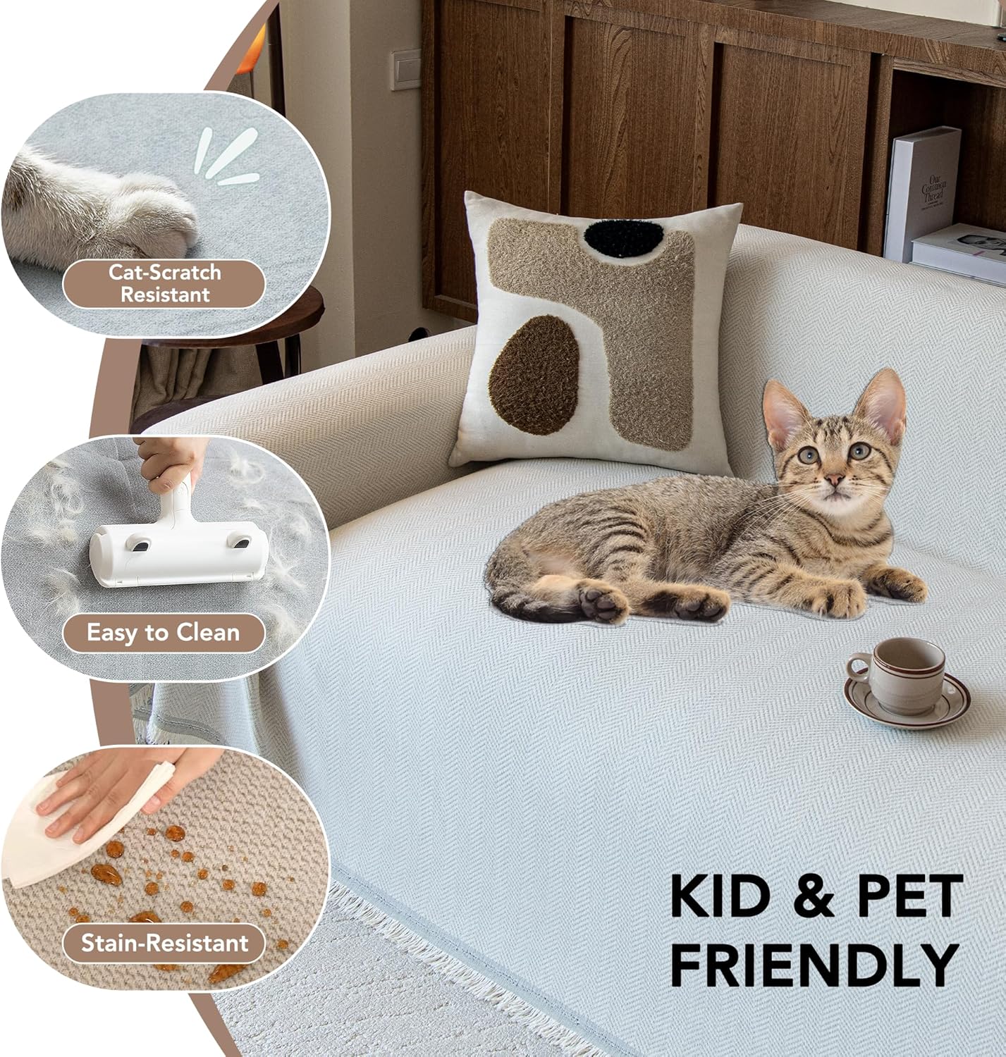 Couch Covers for Dogs 3 Cushion, Loveseat Slipcovers Washable, Pet L Shape Sectional Protector, Boho Sofa Blanket Cover, Herringbone Chenille, Cream, 71"x118"