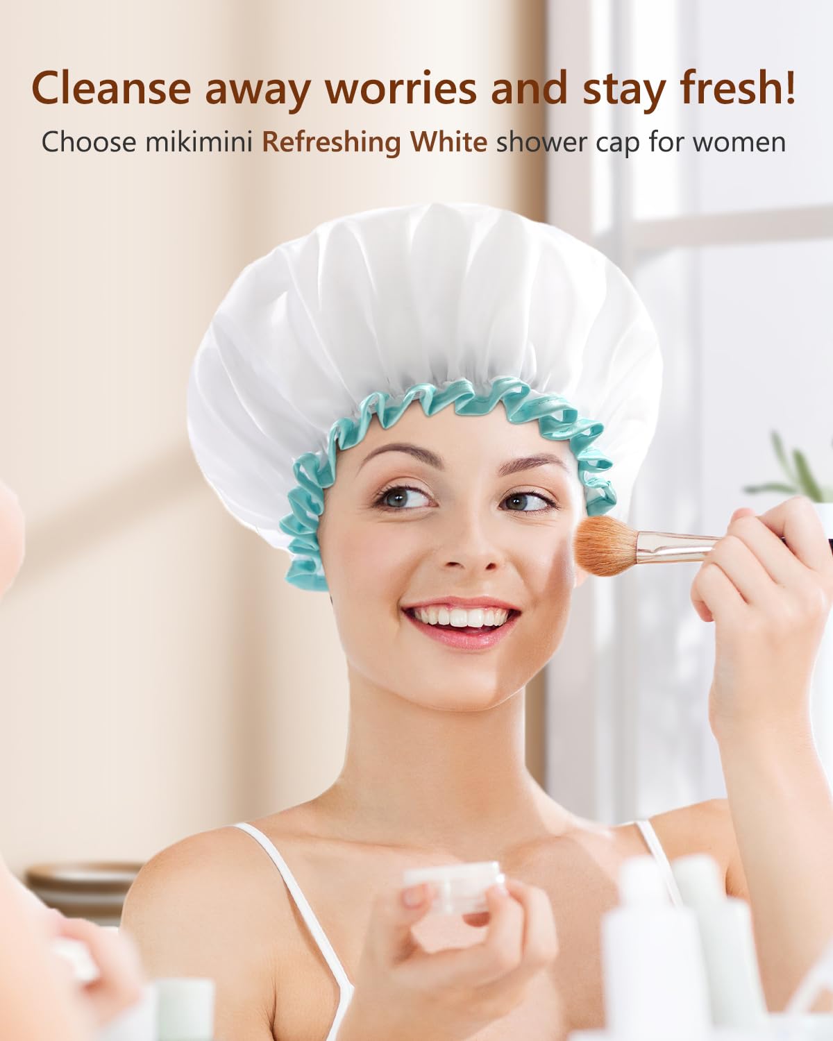 White Shower Cap for Long Hair 1 Pack, 12 inch large size,Waterproof Washable Hair Caps for Women and Girls, Super Cute and Extra Large