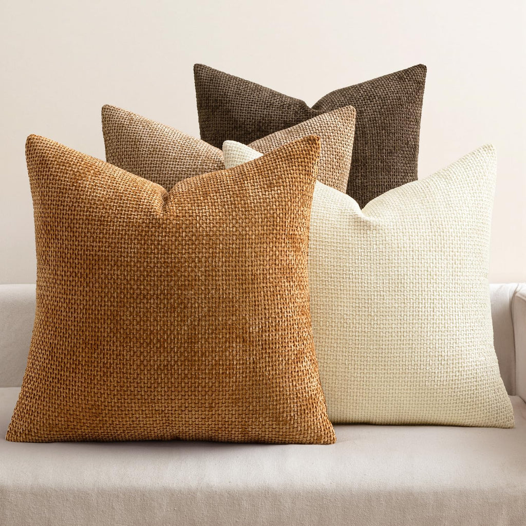 Pack of 4 Couch Throw Pillow Covers 18x18 Inch Neutral Soft Decorative Chenille Pillow Covers Farmhouse Boho Cushion Covers for Mid Century Modern Spring Home Decor Sofa Bedroom Living Room