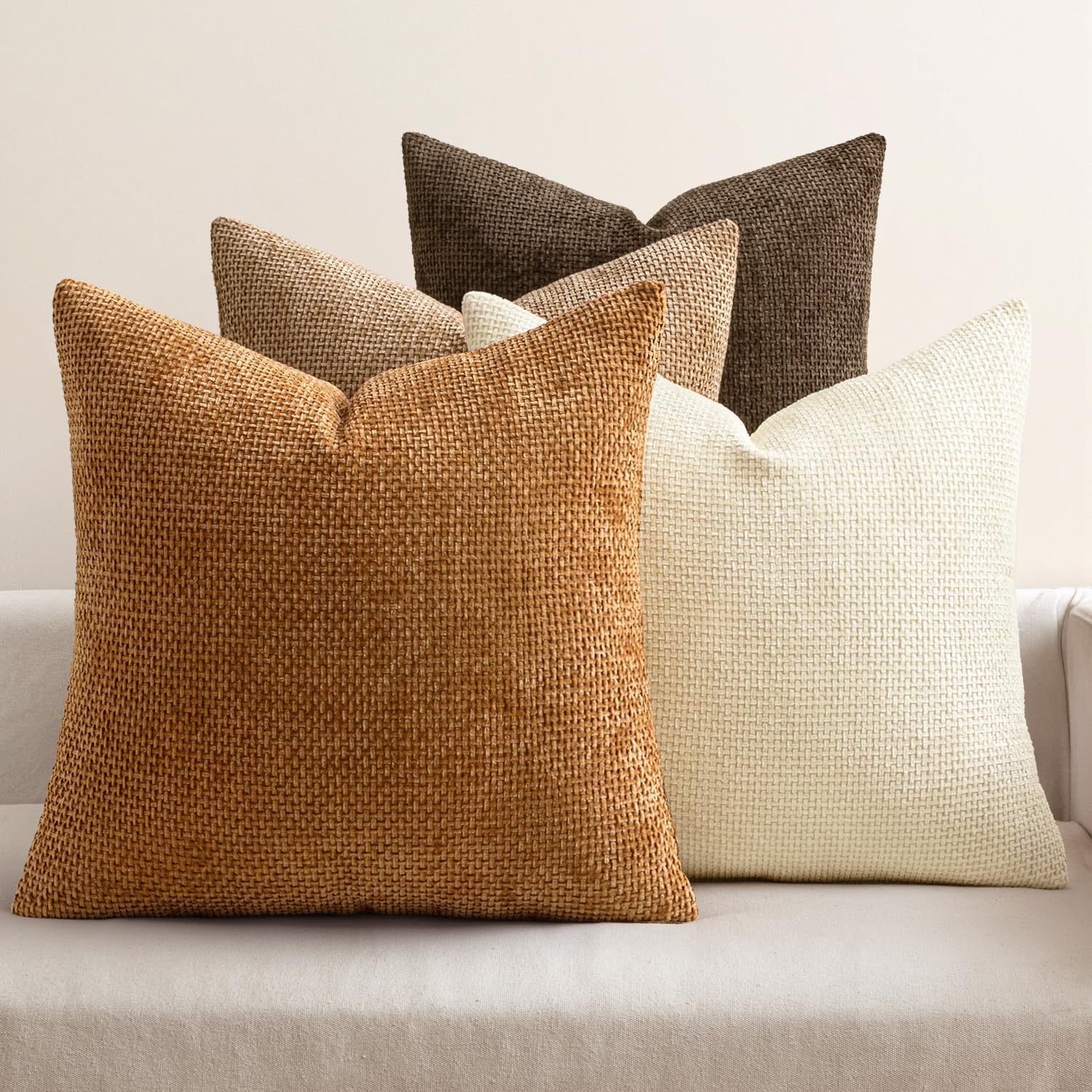 Pack of 4 Couch Throw Pillow Covers 18x18 Inch Neutral Soft Decorative Chenille Pillow Covers Farmhouse Boho Cushion Covers for Mid Century Modern Spring Home Decor Sofa Bedroom Living Room
