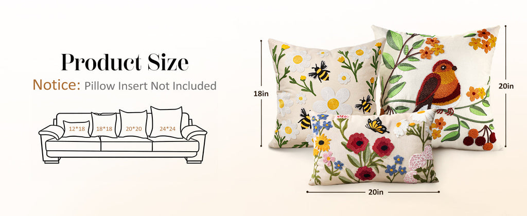Embroidered Throw Pillow Cover 18x18 Inch - Spring Summer Boho Decorative Pillow Cover with Zipper for Living Room Couch Sofa Bed Aesthetic Design Flower Cluster Cushion Pillowcase