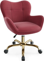 Vanity Chair with Wheels, Cute Home Office Desk Chairs Adjustable Height for Living Bedroom, Small Modern Fluffy Velvet Makeup Chair with Back for Girls (White)
