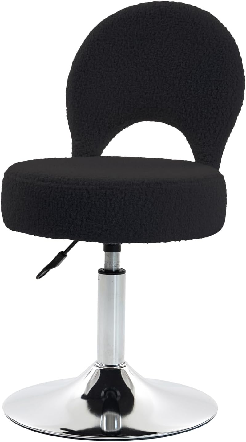 Small Vanity Chair, 360 Swivel Vanity Stool with Folding Back for Teenager, Comfy Teddy Ottoman Stool for Bedroom, Dressing Room, Teddy Fabric, White