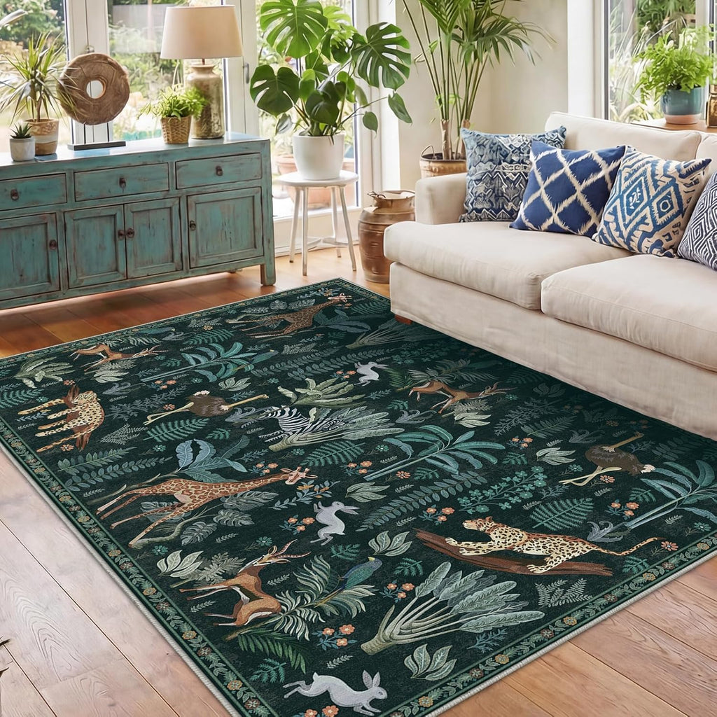 Soft Area Rugs 5x7, 5x7 Washable Rug with Non Slip Backing, 5 x 7 Faux Cashmere Low-Pile Carpet, Navy Blue & Gold