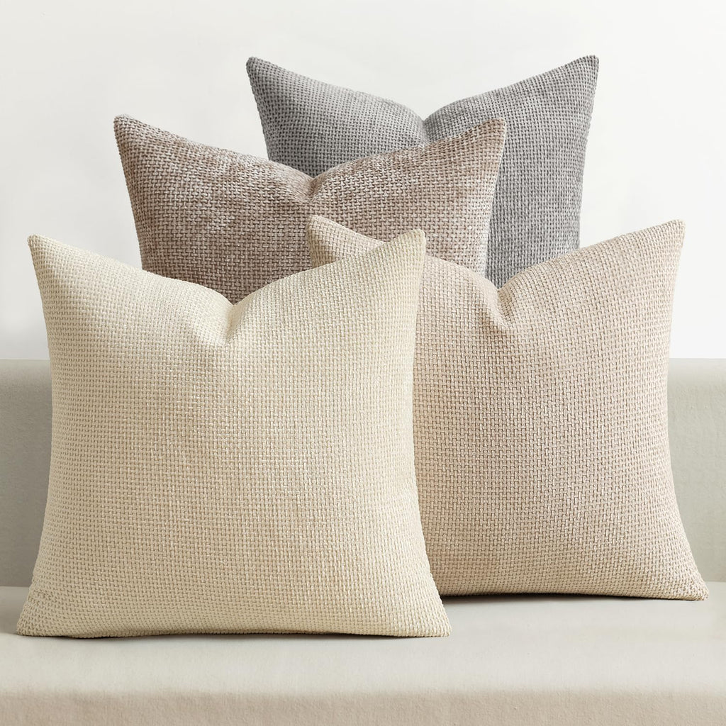 Pack of 4 Couch Throw Pillow Covers 18x18 Inch Neutral Soft Decorative Chenille Pillow Covers Farmhouse Boho Cushion Covers for Mid Century Modern Spring Home Decor Sofa Bedroom Living Room