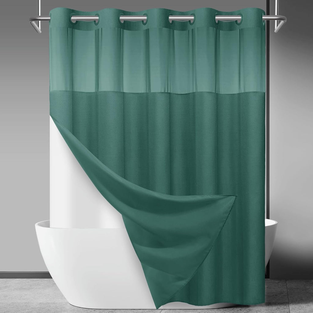 No Hook Slub Textured Shower Curtain with Snap in Liner - Black Fabric Outer Curtain & Waterproof Inner Liner, Hotel Style with See Through Top Window, 71x74 in