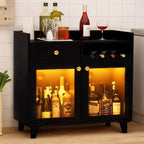 COCO DESIGN Small Wine Cabinet with Glass Doors, Modern Liquor Bar Cabinet with LED Light for Alcohol, Farmhouse Buffet Coffee Sideboard with Storage for Kitchen, Black