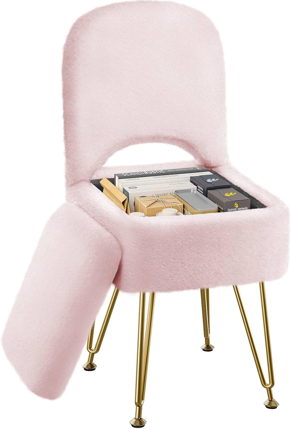 Small Vanity Stool Chair with Storage and Folding Back, 13.4" x 15" x 30" Square Faux Fur Soft Ottoman, 4 Metal Legs with Anti-Slip Feet, Furry Padded Seat for Makeup, Bedroom, White