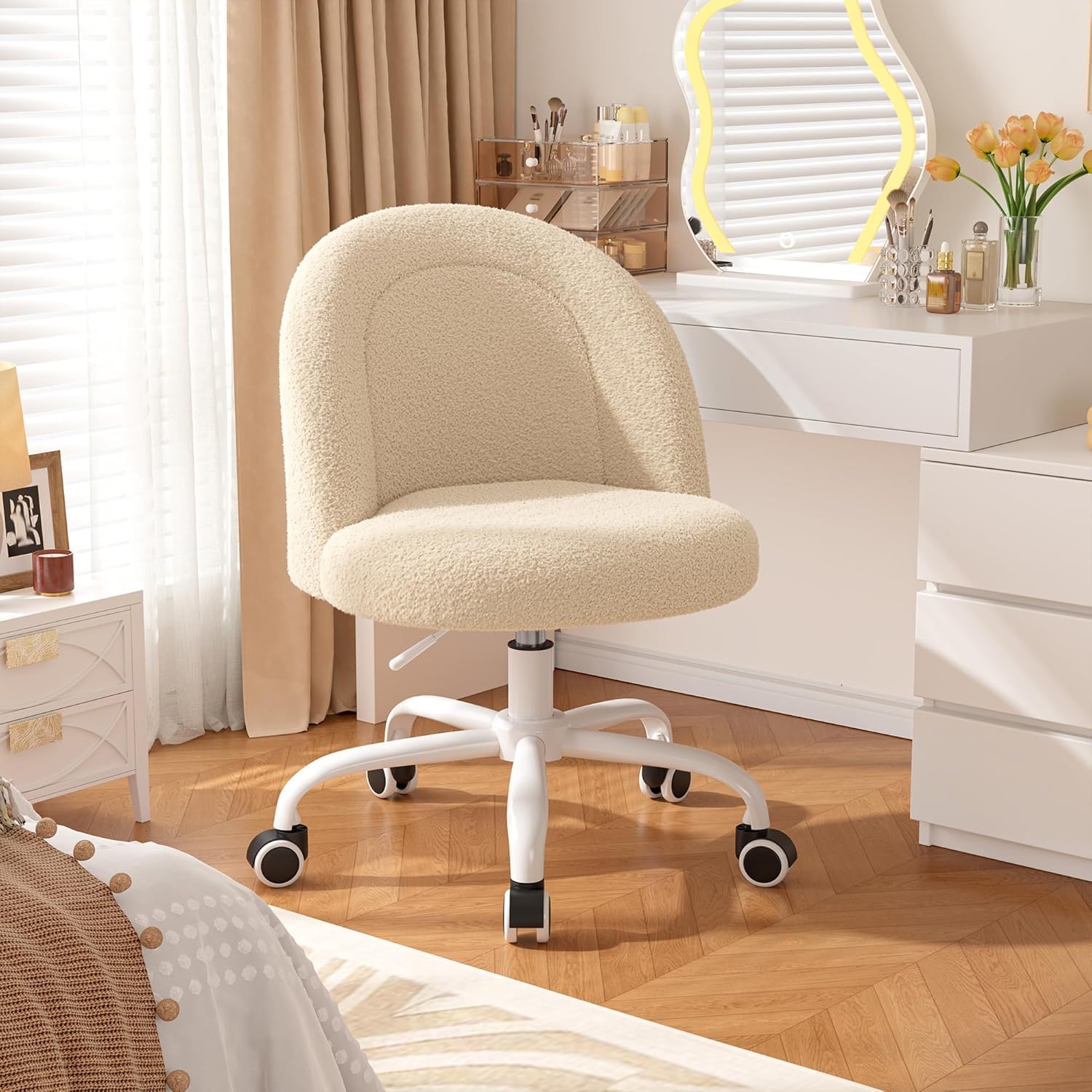 Vanity Chair, Small Desk Chair with Back, Height Adjustable & 360° Swivel, Stylish Armless Comfy Vanity Office Chair for Small Space, Bedroom
