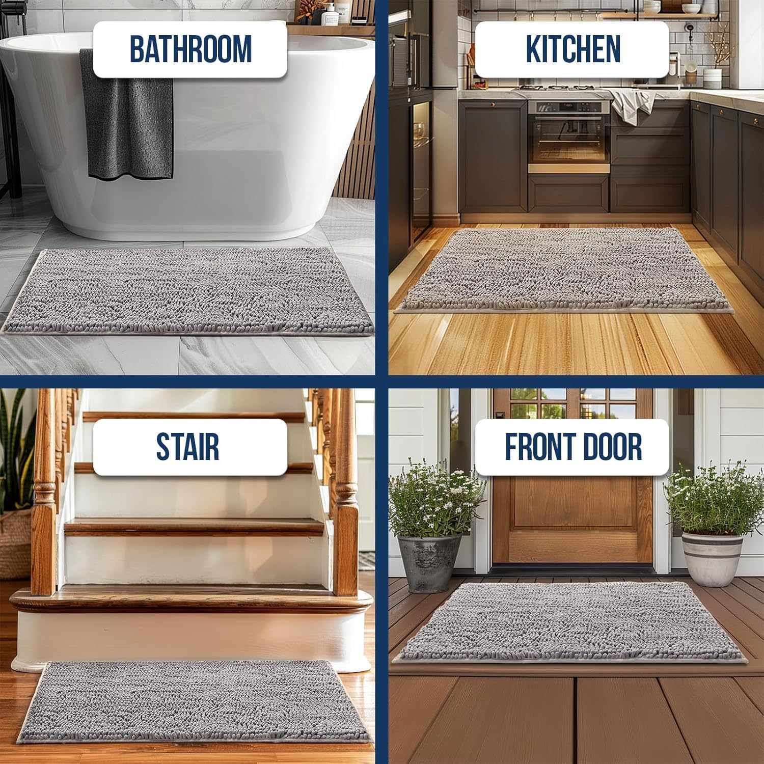 Chenille Bathroom Rugs Quick Dry Microfiber Mats Non Slip Washable, Extra Thick, Soft and Highly Absorbent Bath Mats for Bathroom, Kitchen, and Shower Floor - Grey 36"x60"