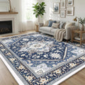 Soft Area Rugs 5x7, 5x7 Washable Rug with Non Slip Backing, 5 x 7 Faux Cashmere Low-Pile Carpet, Navy Blue & Gold